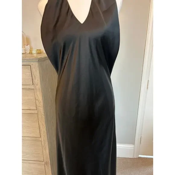 Show Me Your Mumu | Black Midi V Neck Satin Backless Halter Slip Dress | Large - Picture 5 of 16